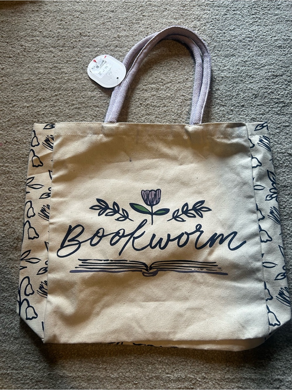 Bookworm Canvas Tote Bag in Cream with Floral Accent